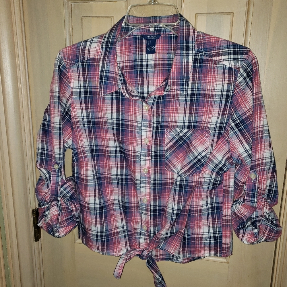 Misses Plaid shirt pink blue Forever 21 misses sz L Y2K Cropped Tie